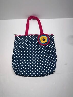 Lesportsac Navy Polka Dot Tote with Red Handles and Yellow Flower Accent